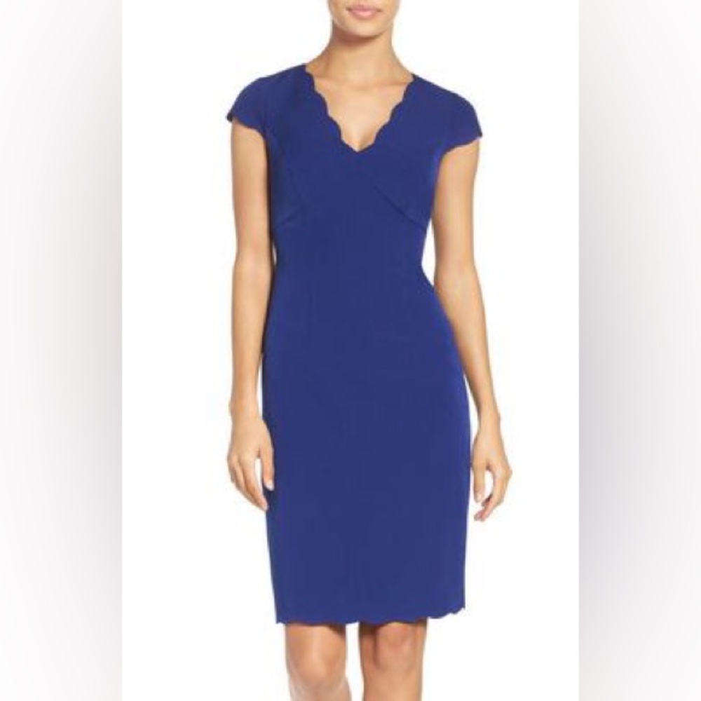 Adrianna Papell Blue Scalloped Detail V-Neck Career Sheath Dress